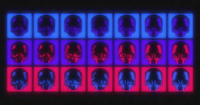 Pop art human skull pattern animation on dark background, colorful seamless loop of retro neon glitch skulls, cyber goth and synthwave style motion graphic background