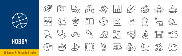 Hobby web icons in line style. Sports, music, dancing, yoga, artificial cooking, traveling, gardening. Vector illustration. © iiierlok_xolms