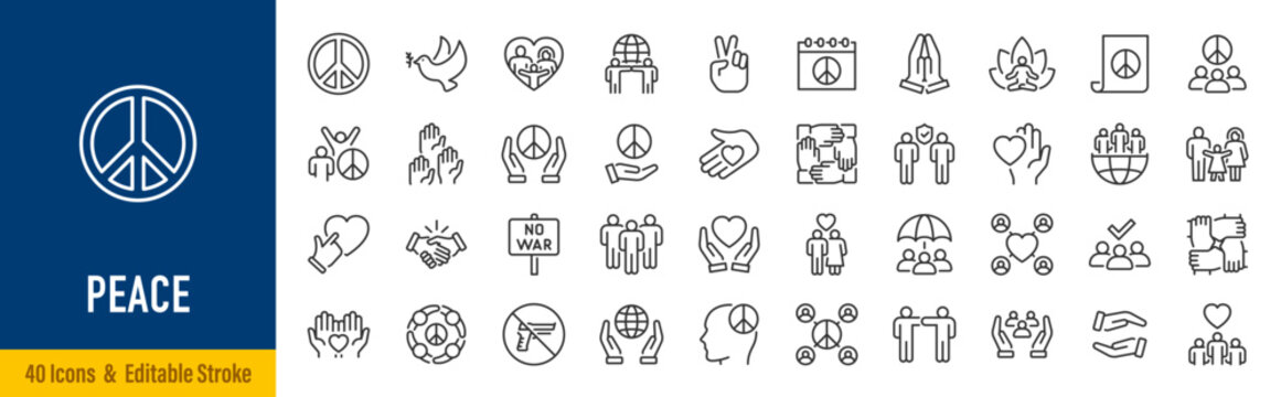 Peace web icons in line style. Moral, no war, freedom, harmony, peace day, dove, collection. Vector illustration.