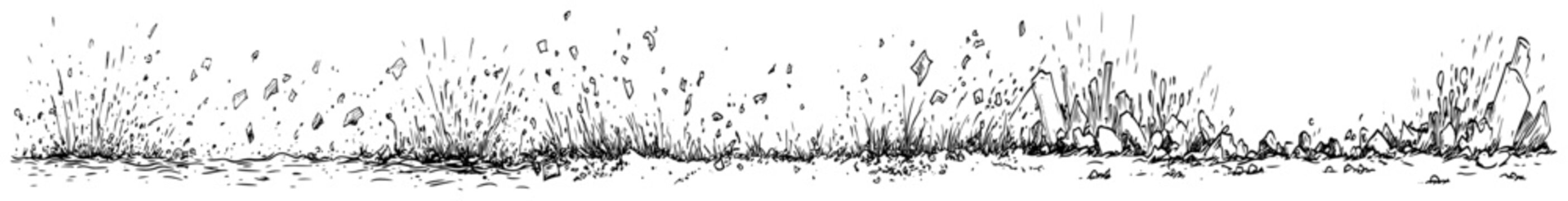 Exploding debris and rubble scattered on ground in hand drawn sketch style