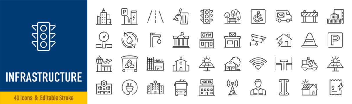 Infrastructure web icons in line style. Transport, road, mall, airport, police, school, park, water, collection. Vector illustration.