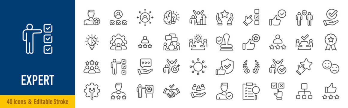 Expert web icons in line style. Competence, advice, knowledge, skill, service. Vector illustration.