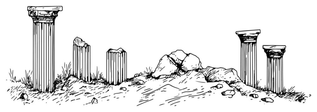 Ancient Greek ruins with broken marble columns and rocky terrain in historical engraving style