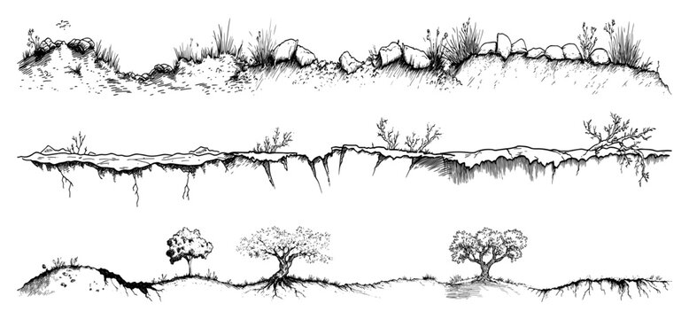 Earth layers and landscape borders with rocks and trees in vintage engraving style