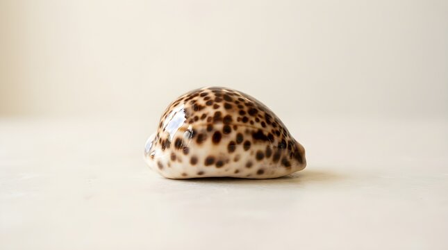 Polished Tiger Cowry Sea Shell Isolated on Elegant Minimalist Neutral Background Close Up Texture Pattern Marine Animal Concept