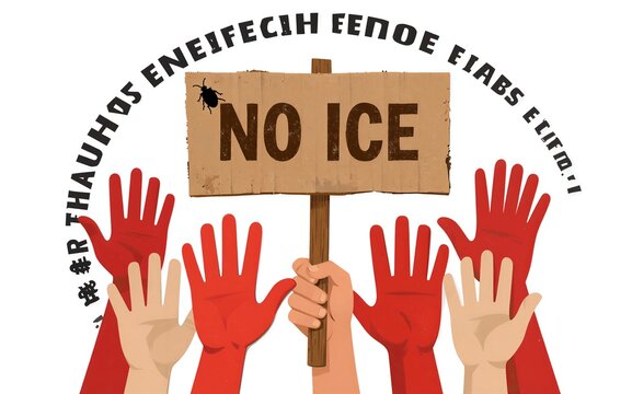 Hands hold 'NO ICE' sign symbolizing protest against illegal
