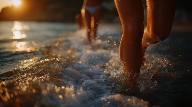 Sunset Serenity: Close-up of bare feet walking through shallow ocean waves at sunset, capturing the tranquil beauty of a beach at dusk.