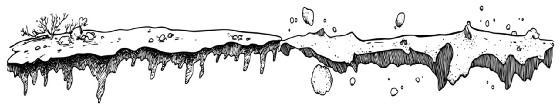 Melting ice shelf with dripping icicles and falling snow chunks in hand drawn sketch style