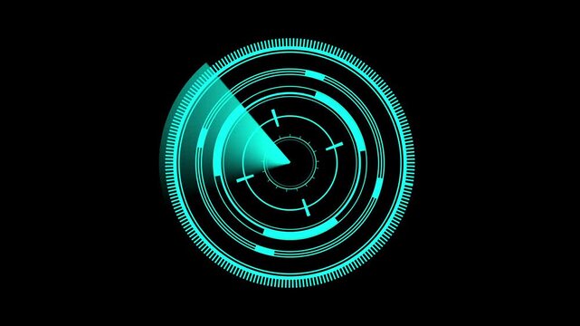 Cyan futuristic radar interface on black background. Radar interface icon for technology and navigation. Digital radar interface animation for tech.