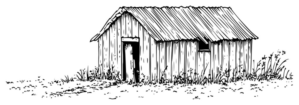 Old wooden shed in a rural field in vintage engraving style