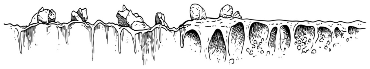 Underground cave system with rocky ground and caverns in hand drawn engraving style © Kaz
