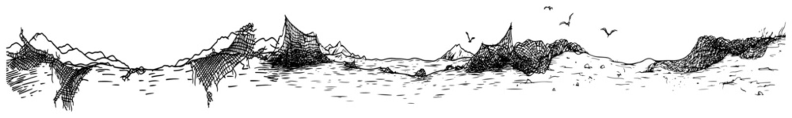 Fishing nets on beach dunes with sea birds in hand drawn sketch style © Kaz