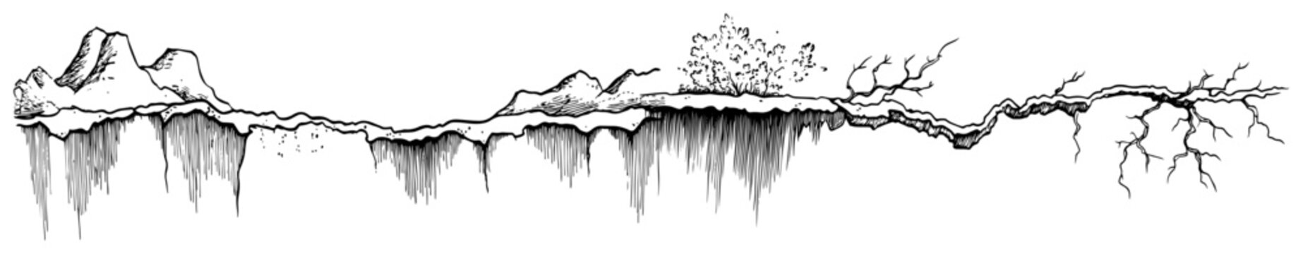 Earth surface profile with tree roots and shrubs in hand drawn sketch style