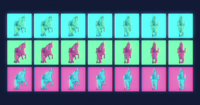 Pop art unicorn pattern animation on grid background, colorful seamless loop of retro glitch unicorn silhouettes, vaporwave and y2k style motion graphic background