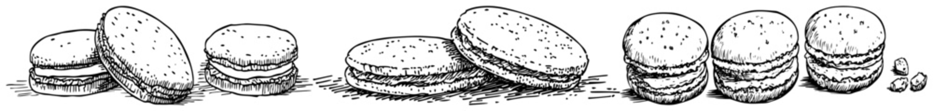 Macarons cookies set arranged in a row in vintage hand drawn style