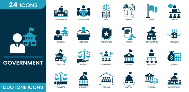 Government icon set. government, community, law, rights, flag, official, election, justice, governance, campaign, senate, budget, census, capitol. Duotone icons.