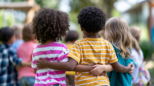 Rear view of children having fun together in a mosaic of cultural play and laughter, universal language of play concept, multicultural children photography, diverse culture