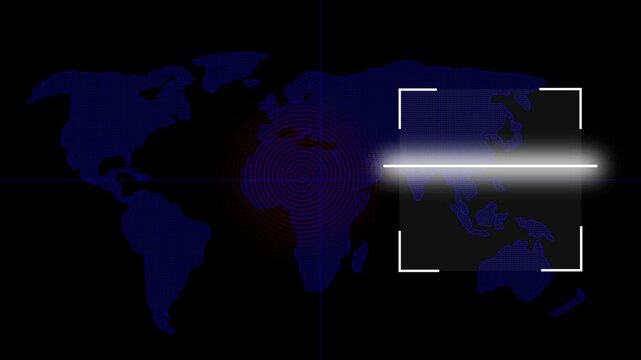 World map with scanning barcode and energy rings. World map icon for global trade and logistics. Digital world map animation for international business.