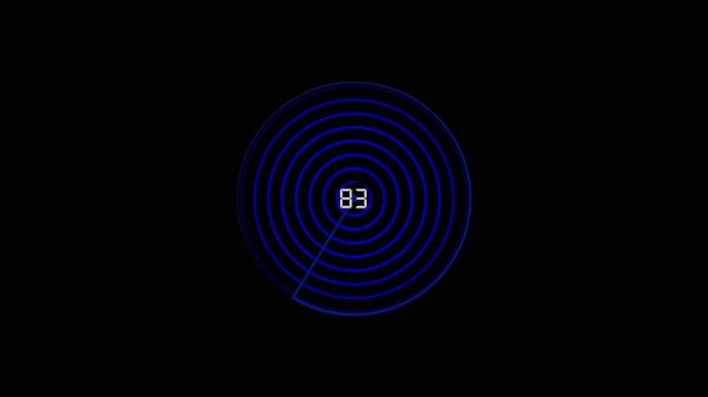 Blue neon concentric circles with digital display. Blue neon circles for technology target tracking. Blue neon circles animation for HUD interface.