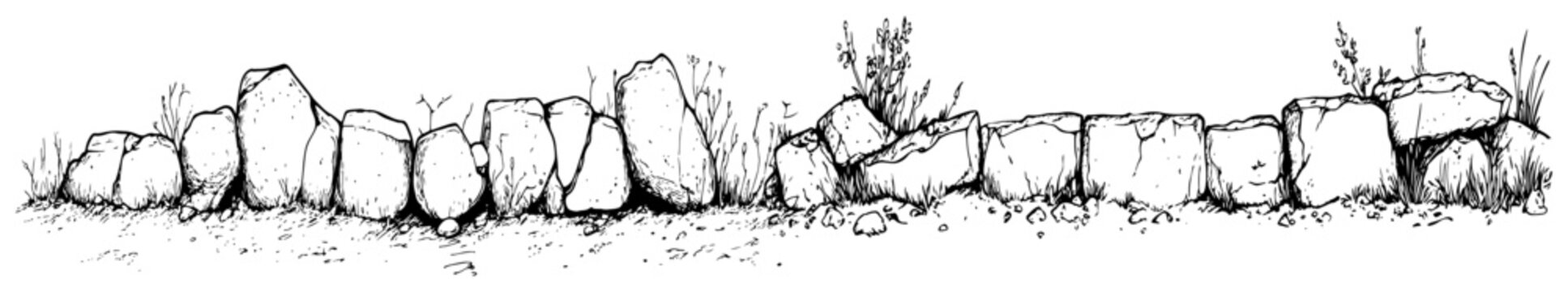 Low stone wall border with wild grass in vintage woodcut engraving style
