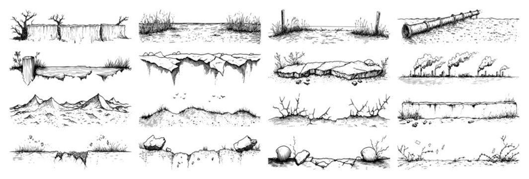 Landscape elements and terrain textures collection in vintage woodcut engraving style