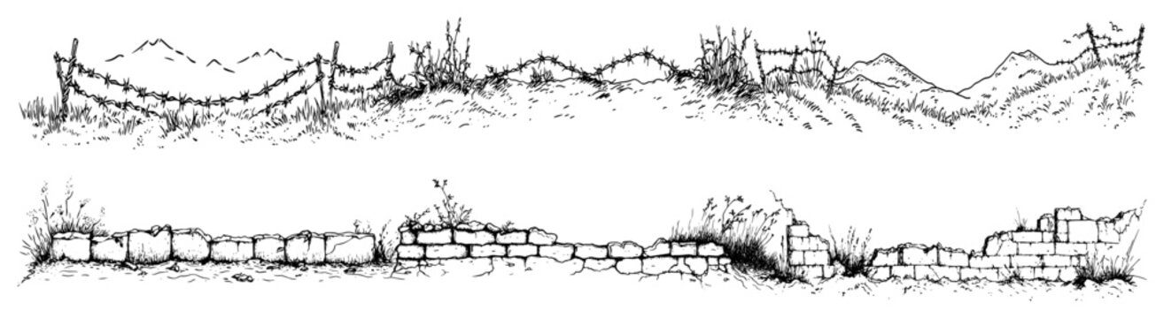 Barbed wire fence and crumbling stone walls in hand drawn sketch style