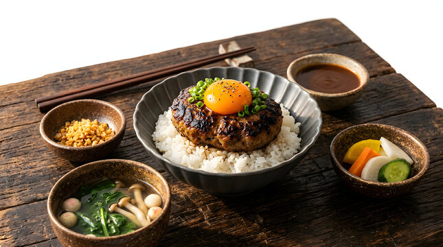 A premium Japanese hambagu beef patty with raw egg yolk over steamed rice is served as a full teishoku set with miso soup, pickles, and sauce.