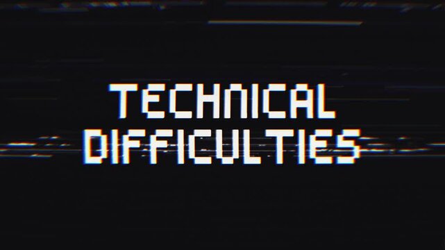 Technical Difficulties Glitch Text Animation on Black Background. Ideal for broadcast interruptions, streaming errors, tech issues, or a nostalgic vintage vibe.