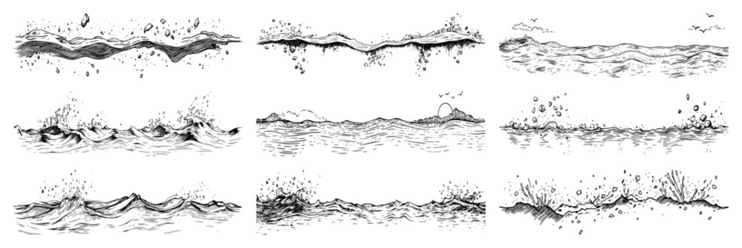 Water waves and sea horizon elements set in hand drawn sketch style