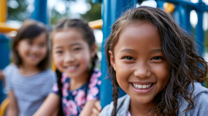 Fototapeta premium Close-up of happy multicultural children playing at a playground, childhood joy and diversity concept, outdoor activity photography, inclusion and happiness in youth, defocused