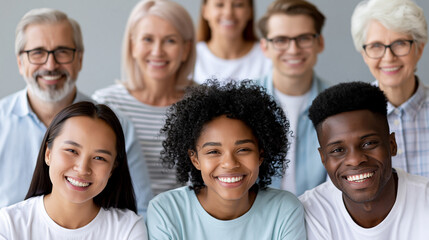 Obraz premium Close-up of a collage of happy beautiful people of different ages and nationalities, inclusive lifestyle concept, diverse age and culture photography, multigenerational diversity,