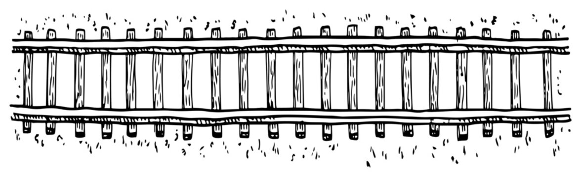 Railroad tracks horizontal border in vintage woodcut style