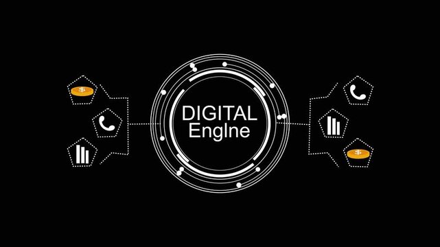 Digital engine concept with icons and data flow. Digital engine for automotive technology and engineering. Digital engine animation for industrial smart system.