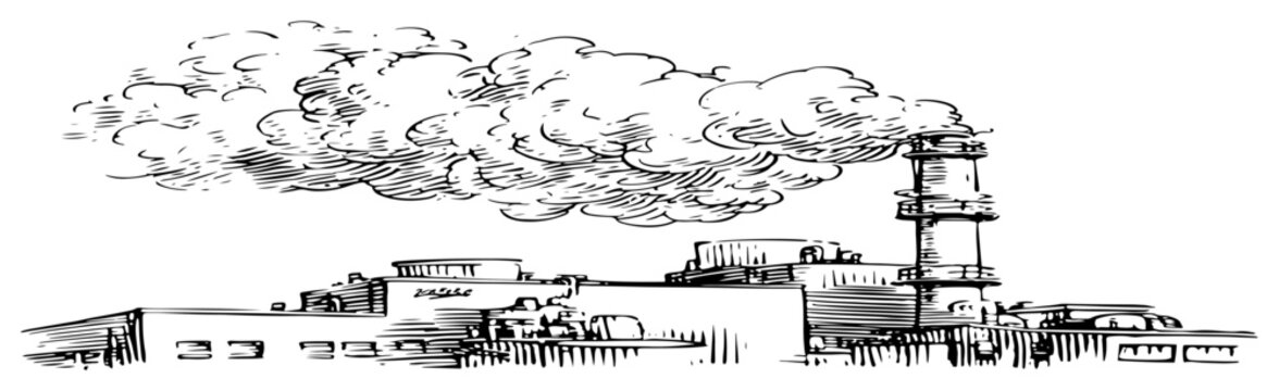 Industrial factory building with smoke from chimney in hand drawn engraving style