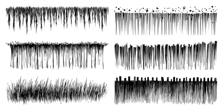 Ground borders with grass and roots and wooden fence in hand drawn sketch style