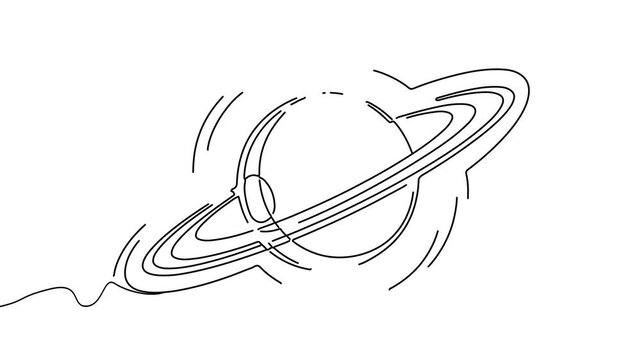 Animation of line drawing of planet with rings, symbol of exploration and science.