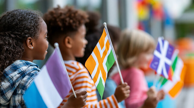 Rear view of diverse children waving flags of different countries with smiles, international children's day concept, flag waving diversity photography, cultural pride, defocused