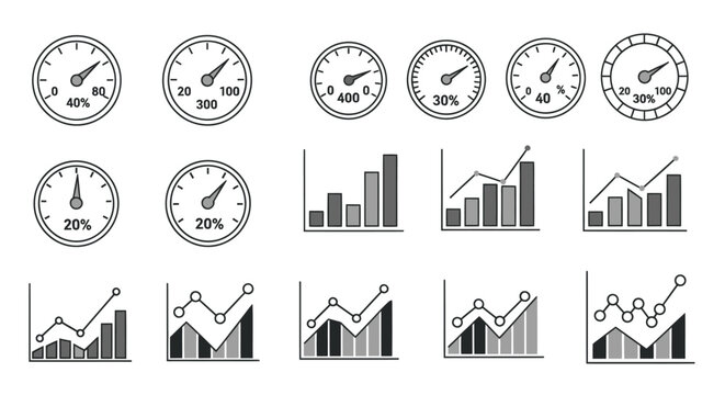 Set of business data charts and performance indicator icons for analytics dashboard
