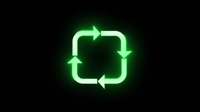 Green neon square arrows refresh symbol animation. Green neon square arrows for data reload. Green neon square arrows for cycle process.