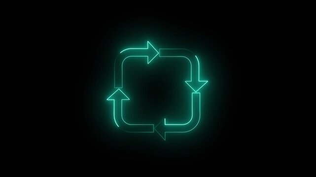 Cyan neon square arrows repeat symbol animation. Cyan neon square arrows for digital loop. Cyan neon square arrows for system cycle.
