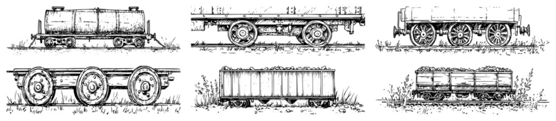 Vintage railway freight wagons and train wheels set in hand drawn sketch style © Kaz