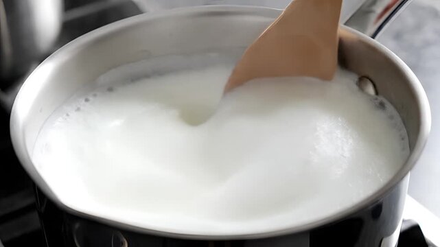Closeup of milk being stirred in a saucepan on a stovetop.