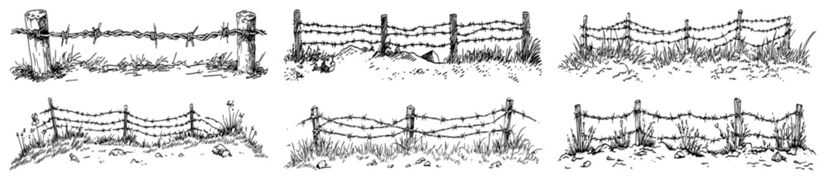 Barbed wire fences with wooden posts set in vintage engraving style
