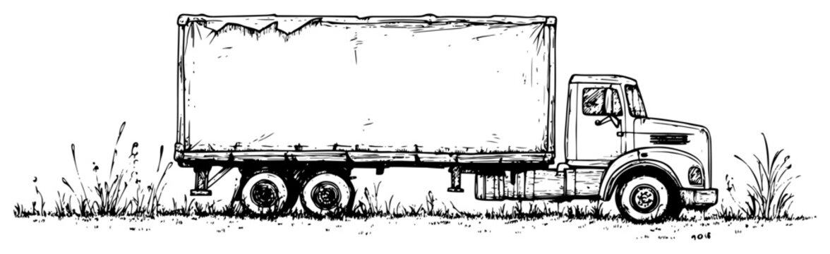 Cargo truck and trailer in a field in vintage engraving style