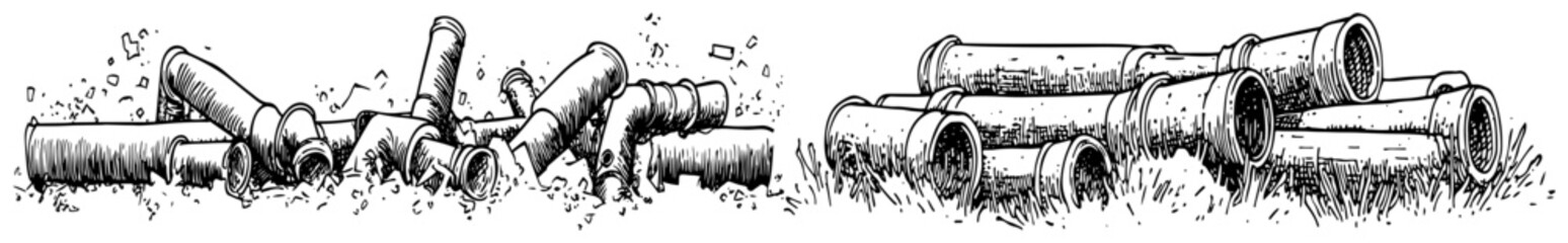 Obraz premium Industrial pipes and drainage tubes piled on ground in vintage engraving style