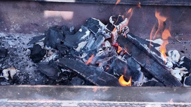 Pieces of juicy meat threaded onto skewers are baked on the grill, street food, background