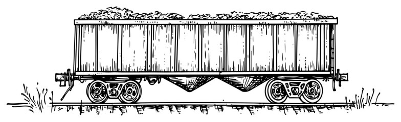 Freight train hopper wagon on railway tracks in vintage engraving style © Kaz