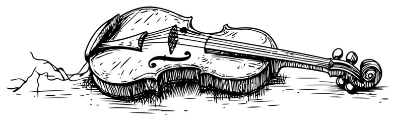 Violin lying on cracked surface in hand drawn ink sketch style © Kaz