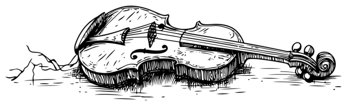 Violin lying on cracked surface in hand drawn ink sketch style