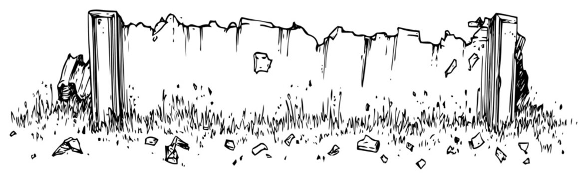 Stone wall ruins with debris in vintage woodcut engraving style